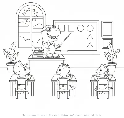 Dinosaurier Lehrer mit Dino-Schülern im Klassenzimmer Ausmalbild