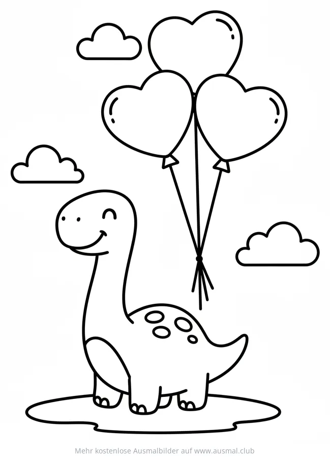 Freundlicher Dinosaurier mit Herzballons Ausmalbild