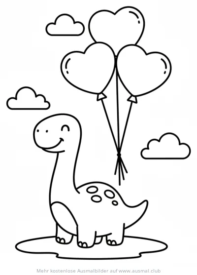 Freundlicher Dinosaurier mit Herzballons Ausmalbild