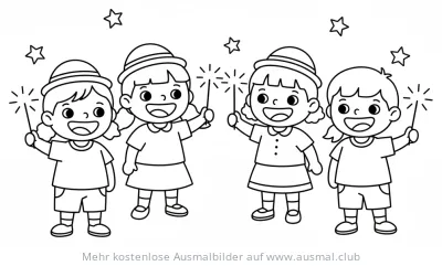 Fröhliche Kinder mit Wunderkerzen Ausmalbild zum Diwali Fest