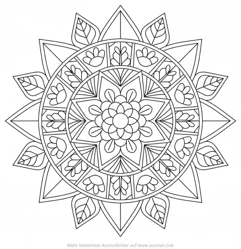 Rangoli Muster Ausmalbild mit floralen Elementen und Blättern