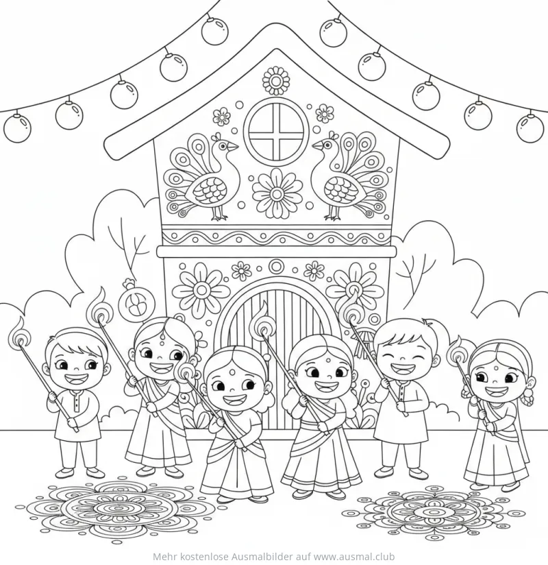 Kinder mit Diyas vor einem verzierten Haus Ausmalbild