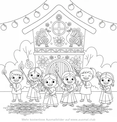 Kinder mit Diyas vor einem verzierten Haus Ausmalbild
