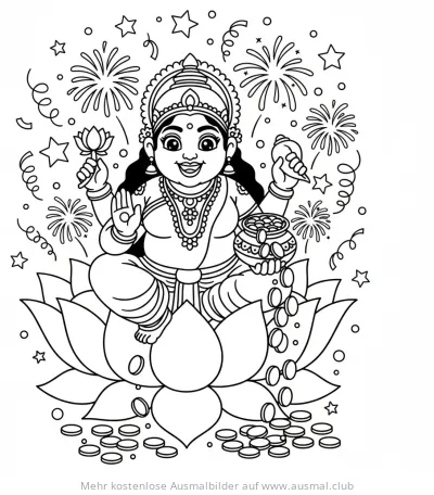 Lakshmi sitzt auf Lotusblume, umgeben von Feuerwerk und Goldmünzen Ausmalbild