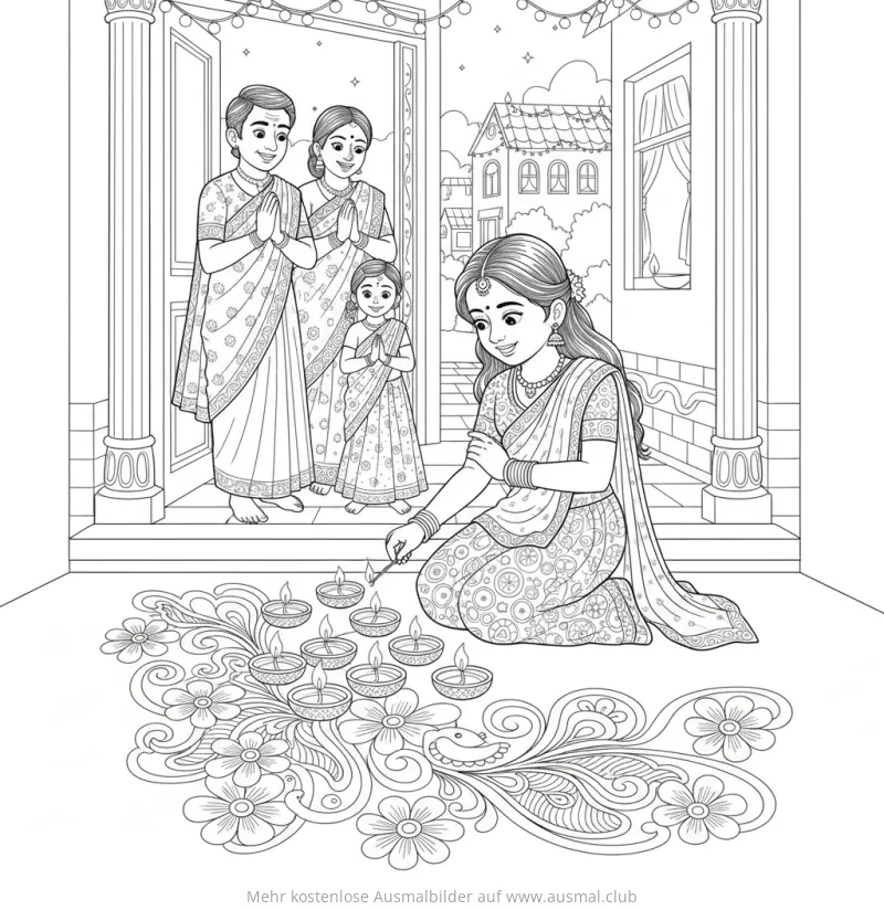 Frau zündet Diyas an, Familie im Hintergrund Ausmalbild