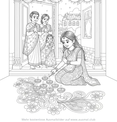 Frau zündet Diyas an, Familie im Hintergrund Ausmalbild