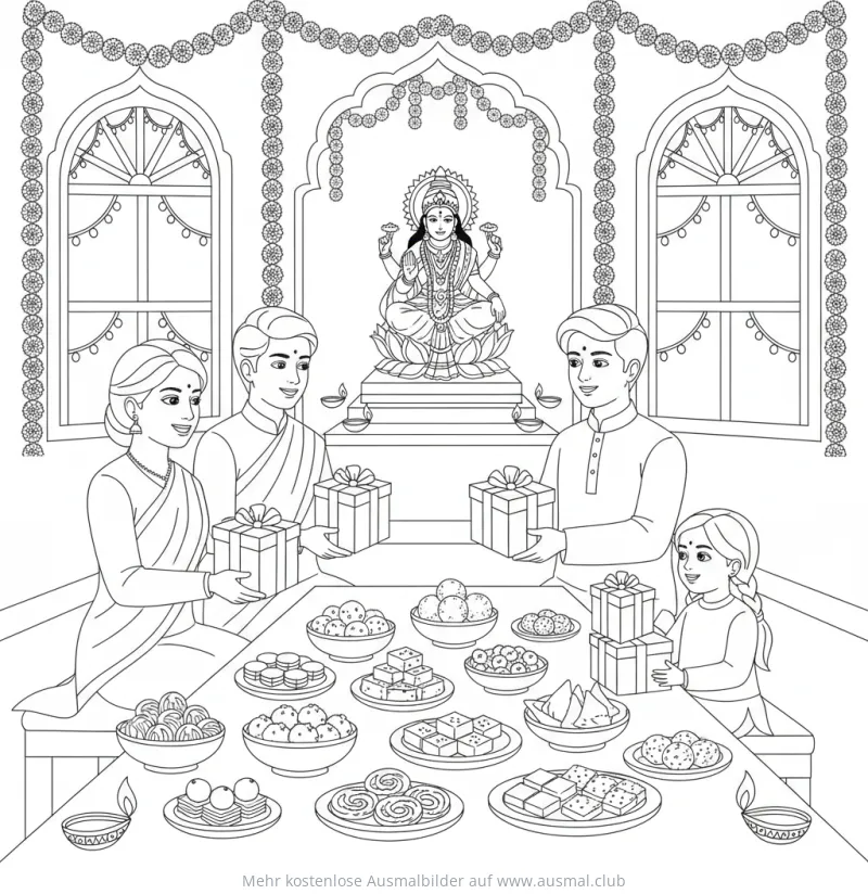 Familie feiert Diwali mit Geschenken und Süßigkeiten Ausmalbild