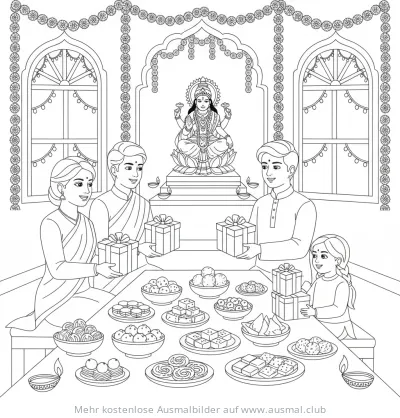 Familie feiert Diwali mit Geschenken und Süßigkeiten Ausmalbild