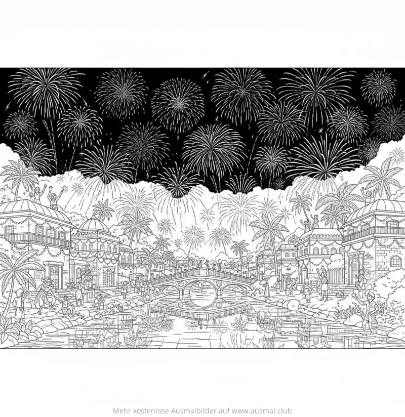 Diwali Ausmalbild mit Feuerwerk über Stadt