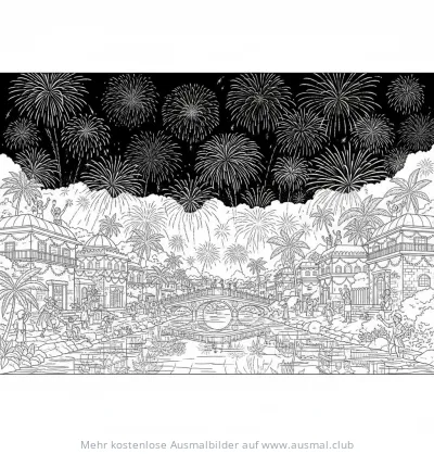 Diwali Ausmalbild mit Feuerwerk über Stadt