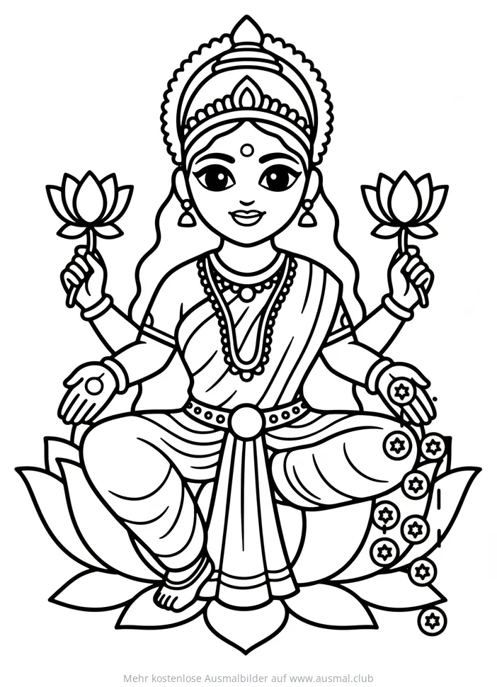 Lakshmi sitzt auf Lotusblume, Ausmalbild
