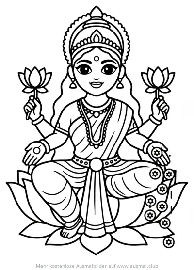 Lakshmi sitzt auf Lotusblume, Ausmalbild