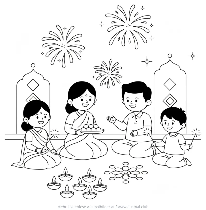 Diwali Ausmalbild: Familie feiert Lichterfest mit Feuerwerk