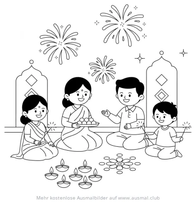 Diwali Ausmalbild: Familie feiert Lichterfest mit Feuerwerk