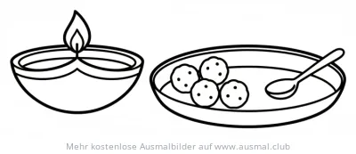 Diwali Thali mit Süßigkeiten und Öllampe Ausmalbild