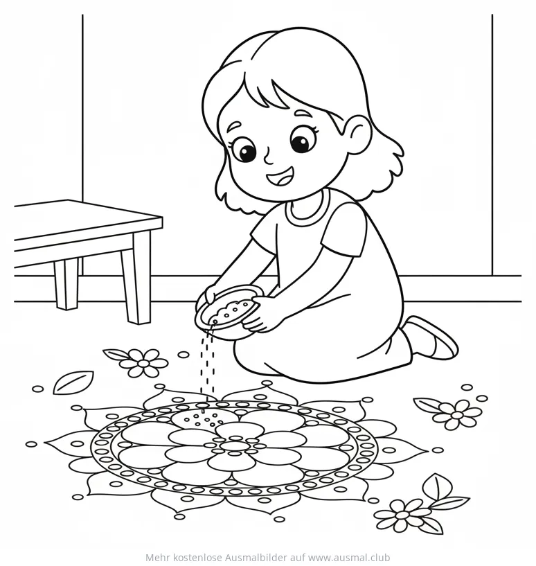 Mädchen gestaltet Diwali Mandala Ausmalbild
