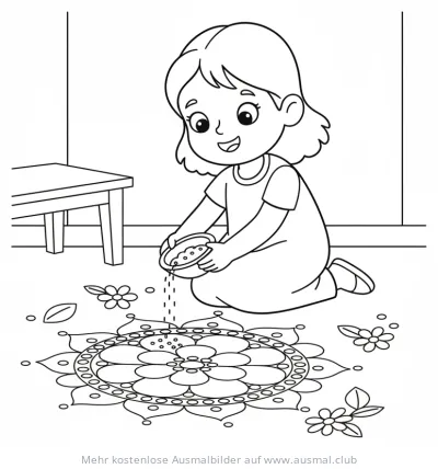 Mädchen gestaltet Diwali Mandala Ausmalbild