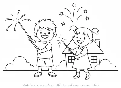 Fröhliche Kinder mit Wunderkerzen und Feuerwerk Ausmalbild für Diwali