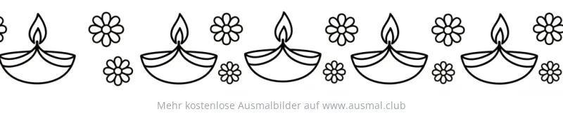 Diwali Ausmalbild: Reihe von Diyas und Blumen