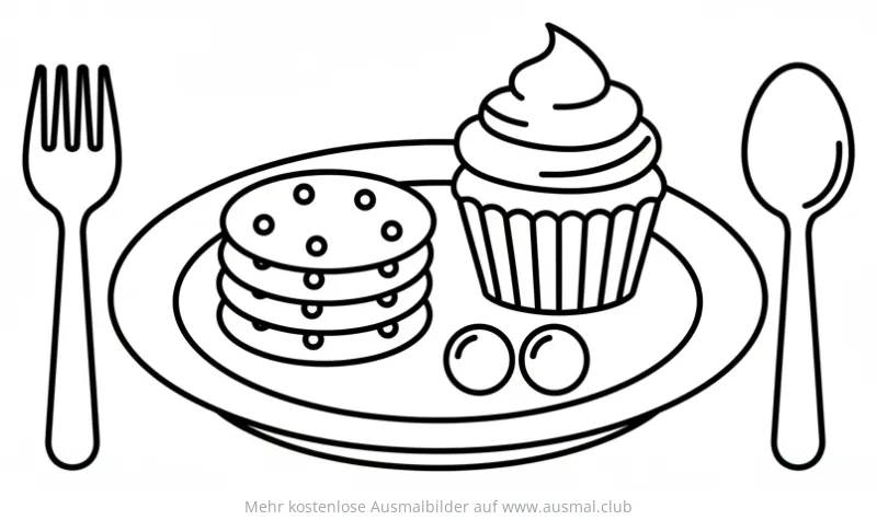 Diwali Ausmalbild: Teller mit Cupcake, Keksen und Süßigkeiten