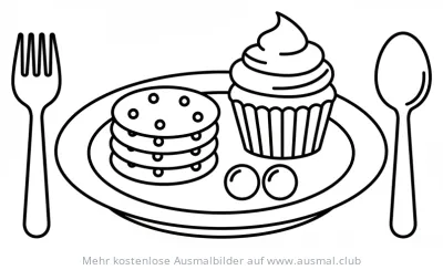 Diwali Ausmalbild: Teller mit Cupcake, Keksen und Süßigkeiten