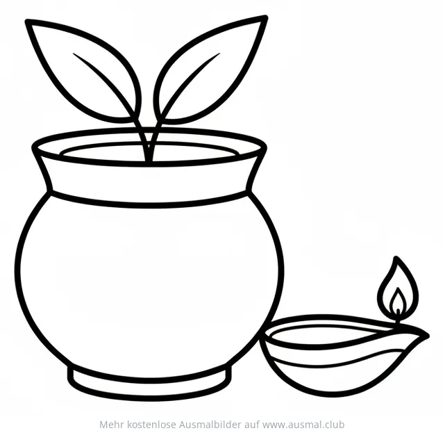 Blumentopf mit Blättern und Diya-Lampe Ausmalbild