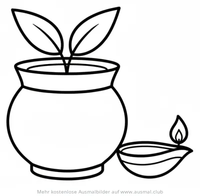 Blumentopf mit Blättern und Diya-Lampe Ausmalbild