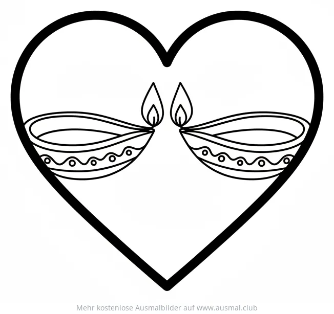 Diwali Ausmalbild: Zwei Diya Lampen in Herzform