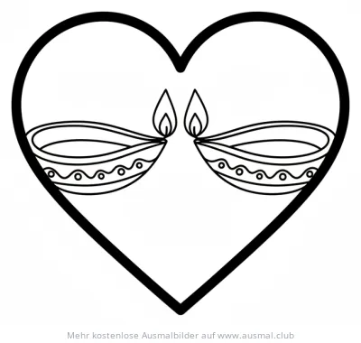 Diwali Ausmalbild: Zwei Diya Lampen in Herzform