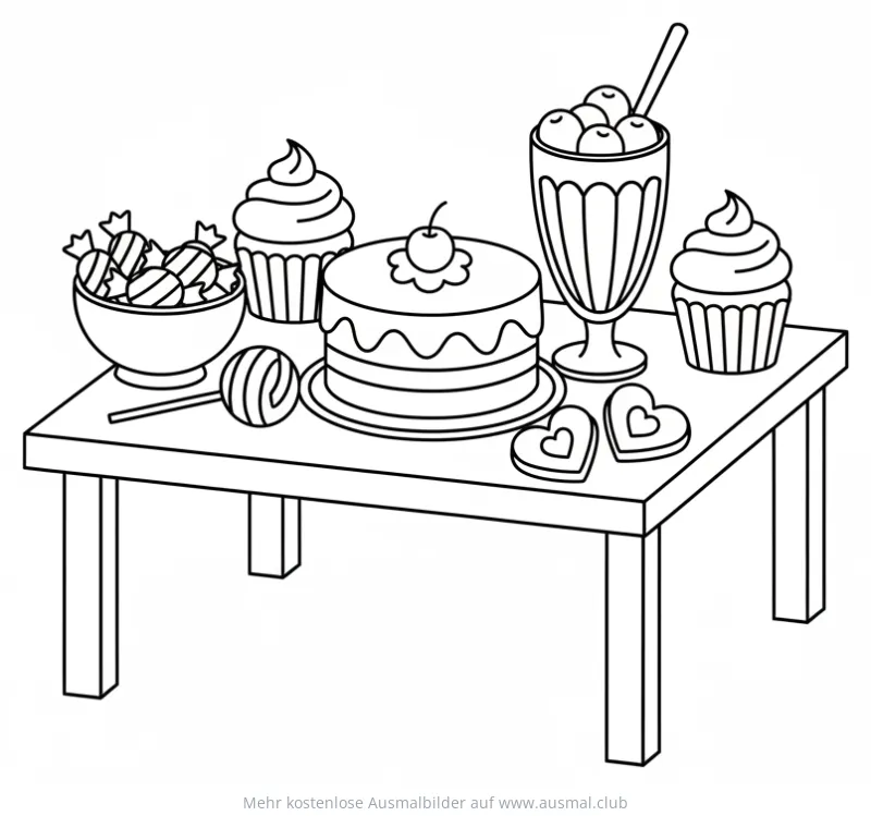 Süßigkeiten Tisch mit Kuchen, Cupcakes und Bonbons Ausmalbild