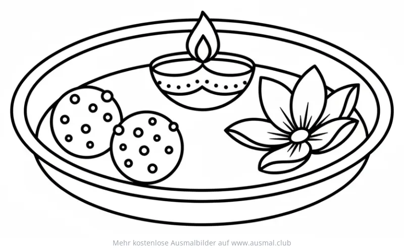 Puja Thali mit Diya, Lotusblume und Süßigkeiten Ausmalbild