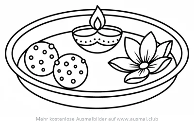 Puja Thali mit Diya, Lotusblume und Süßigkeiten Ausmalbild