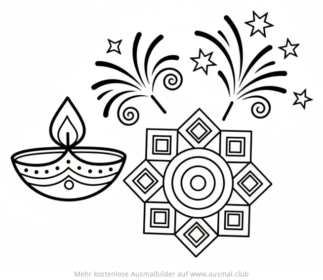 Diwali Ausmalbild mit Öllampe, Mandala und Feuerwerk