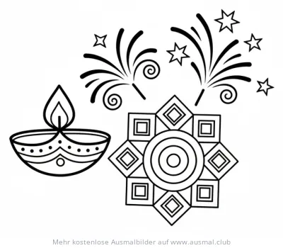Diwali Ausmalbild mit Öllampe, Mandala und Feuerwerk