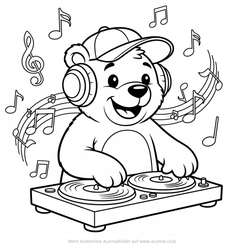 Bär mit Kopfhörern als DJ am Mischpult Ausmalbild