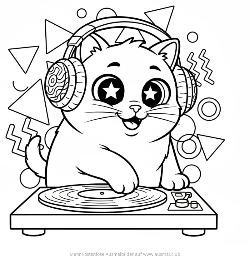 DJ Katze mit Kopfhörern am Plattenspieler Ausmalbild