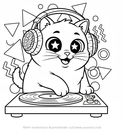 DJ Katze mit Kopfhörern am Plattenspieler Ausmalbild