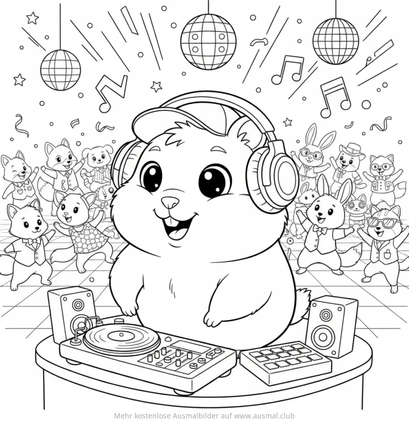 DJ Hamster mit Kopfhörern am DJ-Pult Ausmalbild