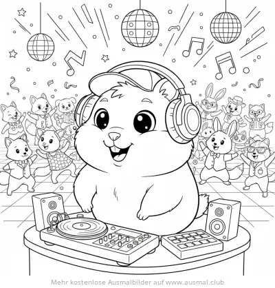 DJ Hamster mit Kopfhörern am DJ-Pult Ausmalbild