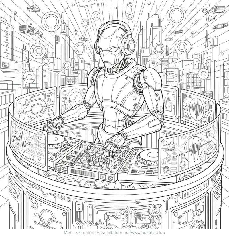Roboter DJ am Mischpult Ausmalbild