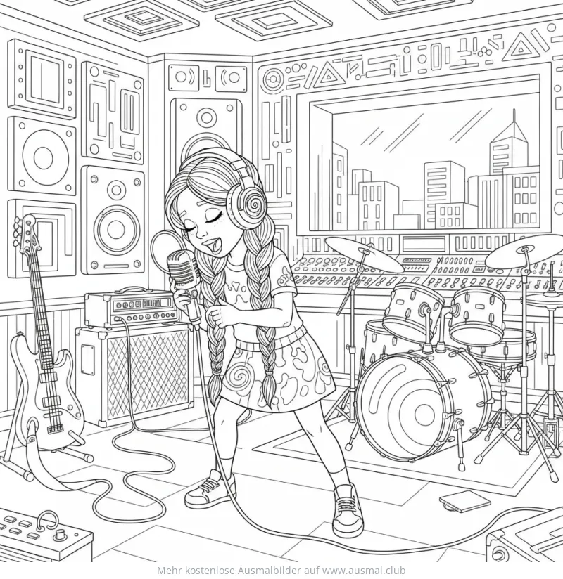 DJ Mädchen mit Kopfhörern singt im Musikstudio Ausmalbild