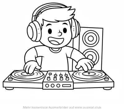 DJ mit Kopfhörern an Turntables Ausmalbild
