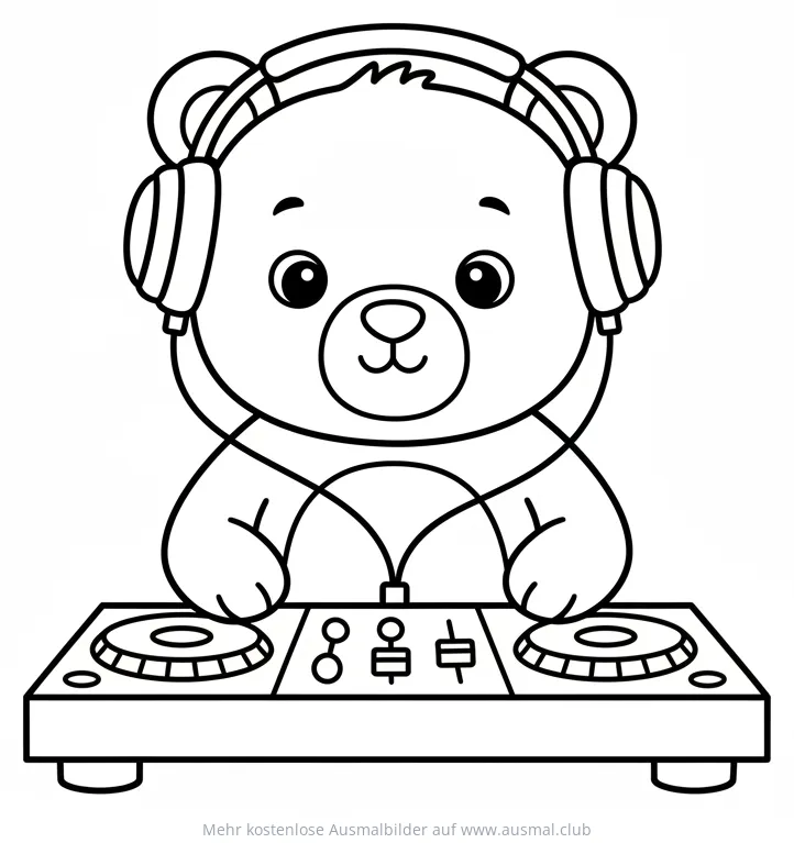 Bär als DJ mit Kopfhörern am Mischpult Ausmalbild