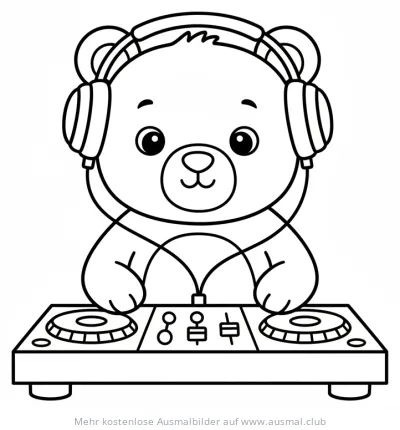 Bär als DJ mit Kopfhörern am Mischpult Ausmalbild