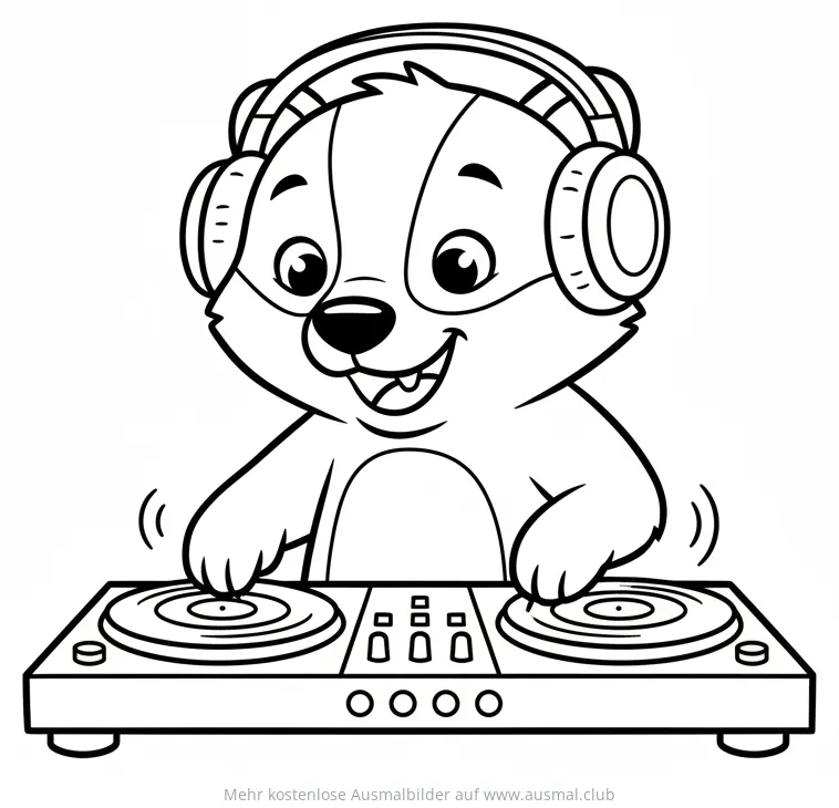 Dachs als DJ mit Kopfhörern am Mischpult Ausmalbild