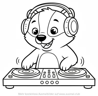 Dachs als DJ mit Kopfhörern am Mischpult Ausmalbild