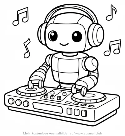 Roboter DJ mit Kopfhörern am Mischpult Ausmalbild