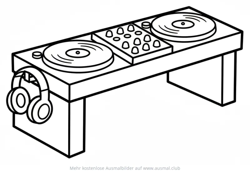 DJ Pult mit Plattenspielern und Kopfhörern Ausmalbild