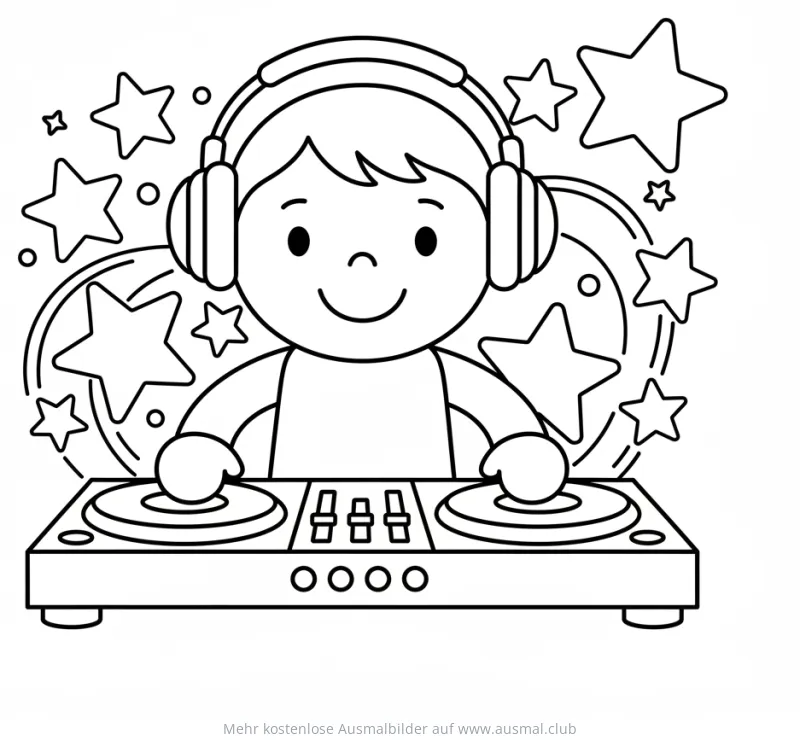 Kleiner DJ mit Kopfhörern am DJ-Pult, umgeben von Sternen Ausmalbild