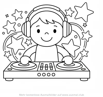 Kleiner DJ mit Kopfhörern am DJ-Pult, umgeben von Sternen Ausmalbild